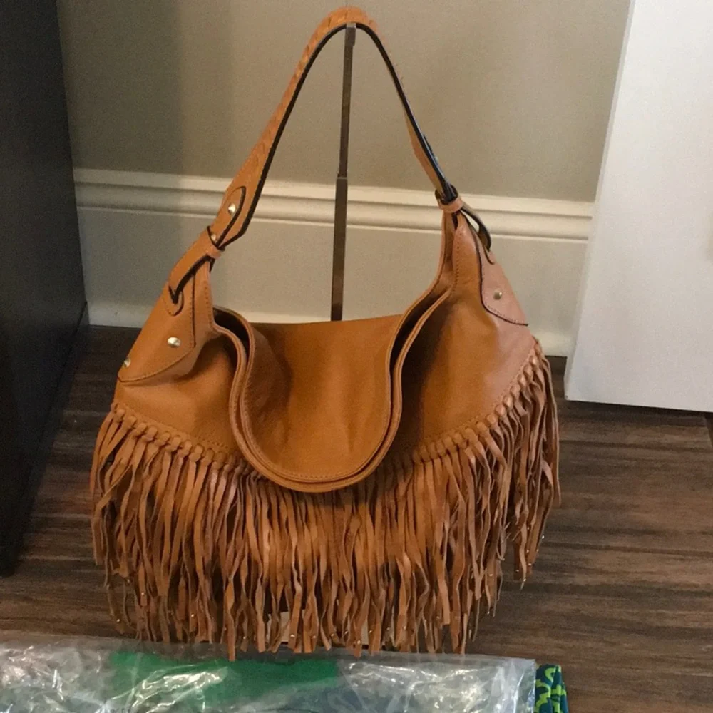 OrYANY NWT Fringe Saddle Brown Leather Shoulder Bag W/Dustbag - Picture 1 of 8